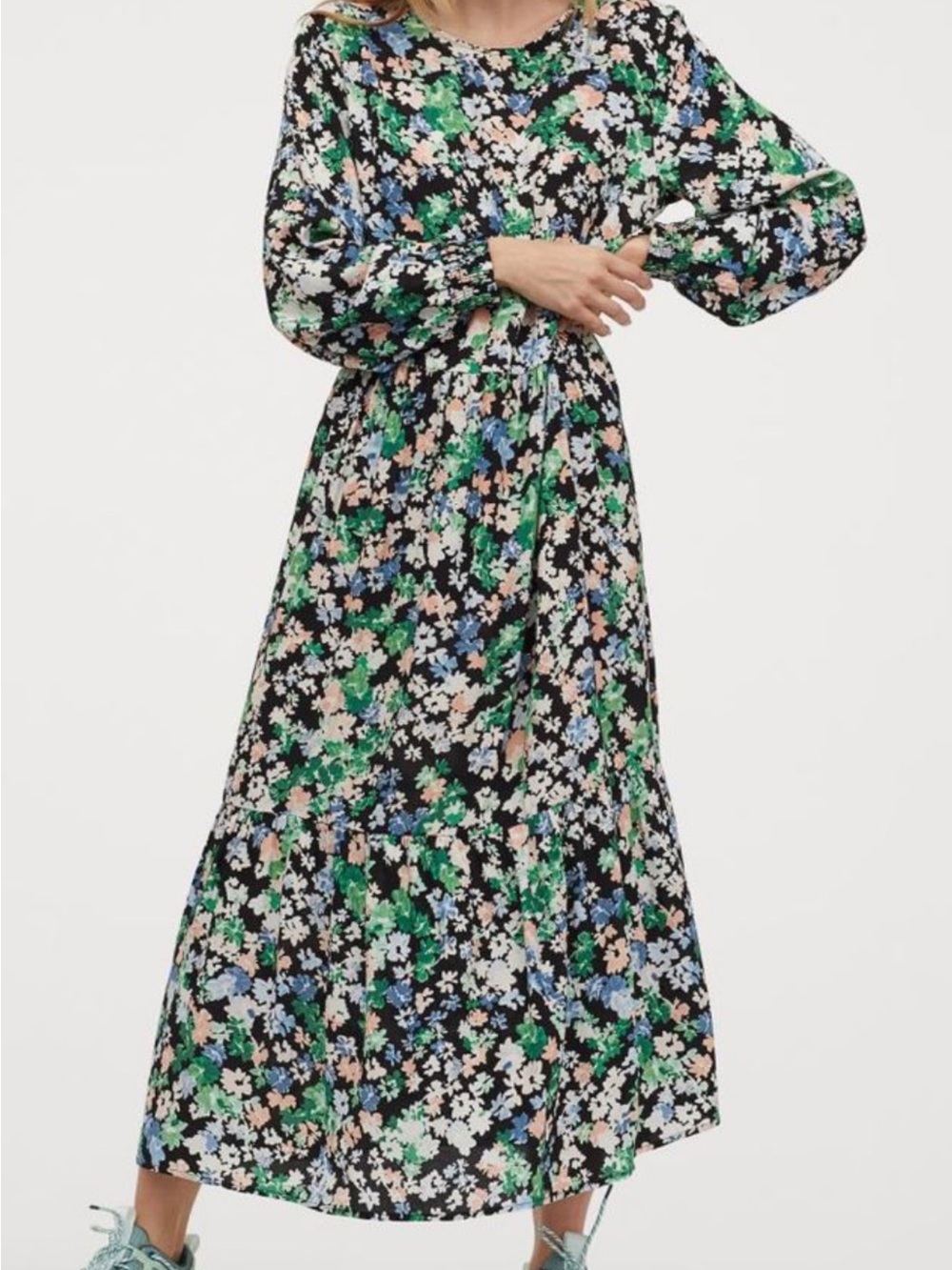 H&M Black Floral Maxi Dress with Green, Pink & Blue Accents